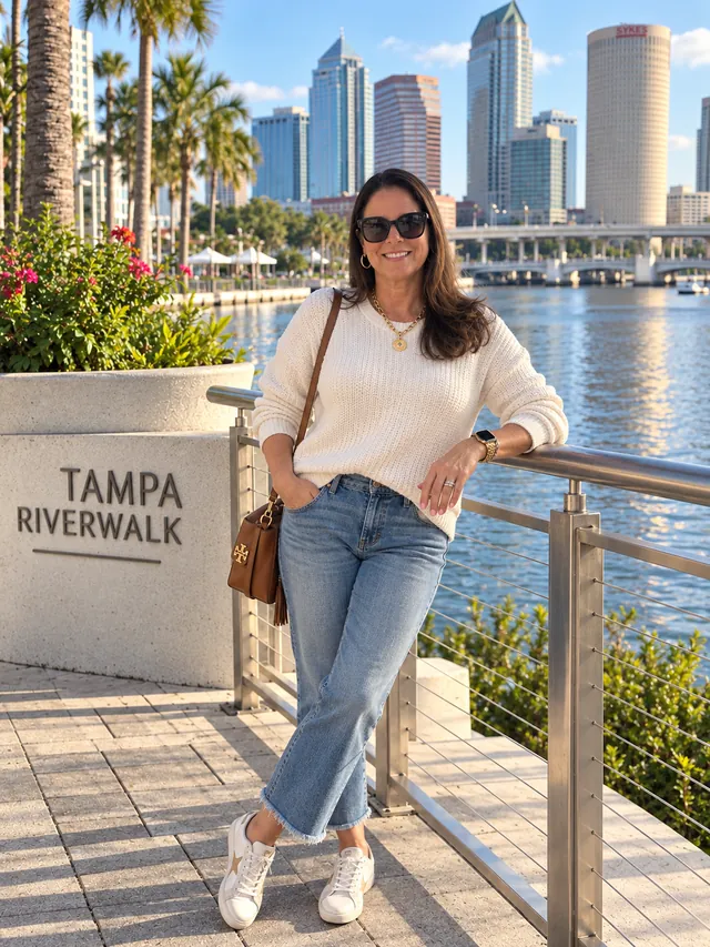 Jennifer Messina on the Tampa Riverwalk with the downtown skyline behind her